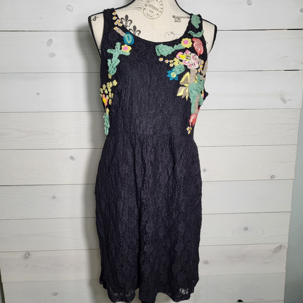 Oc Black Lace Dress Floral Appliques Beaded Embroidered BOHO Arsty
